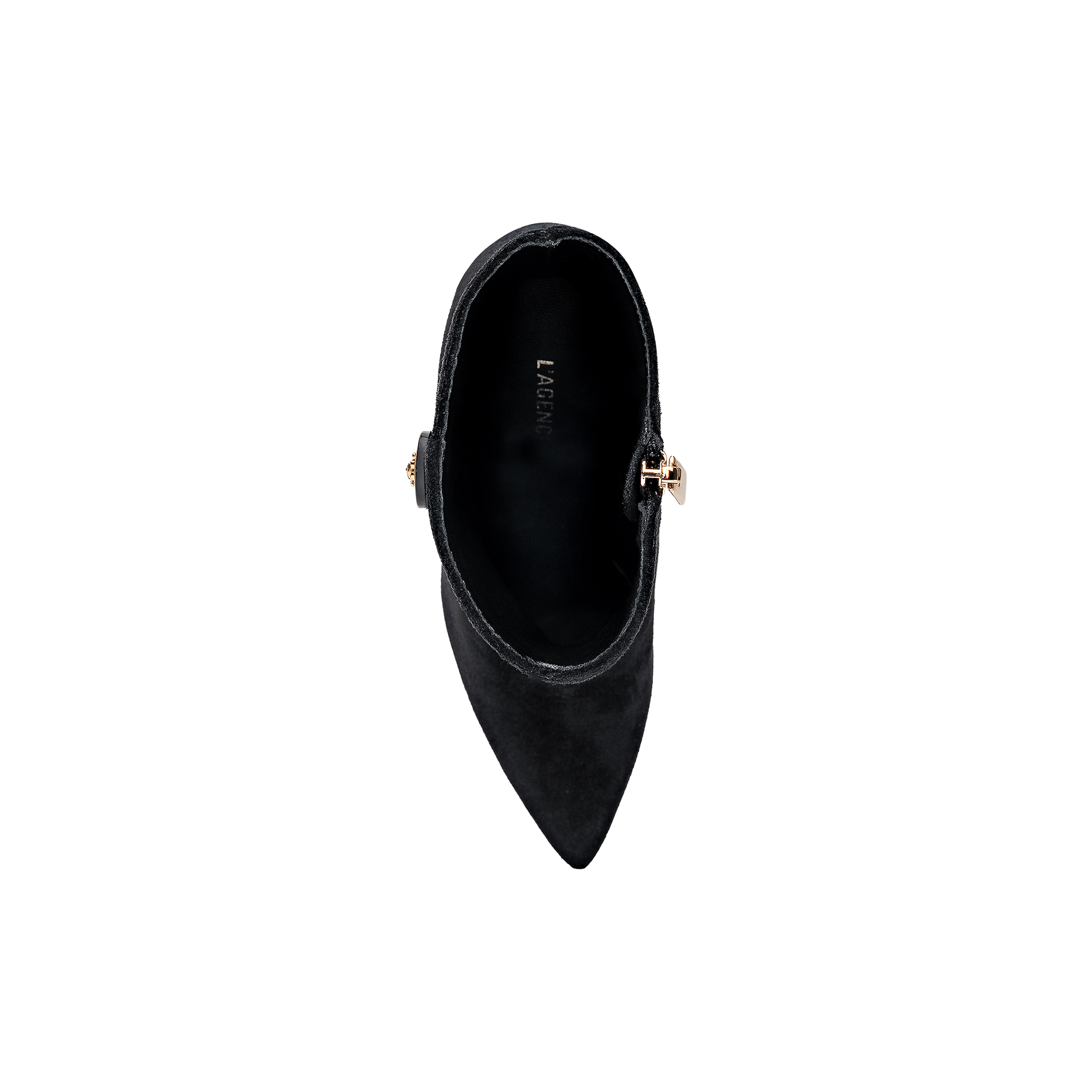 Top view of the Theodora Block-Heel Bootie in black suede, featuring a pointed toe and gold buckle detail on the side, displayed on a plain white background.