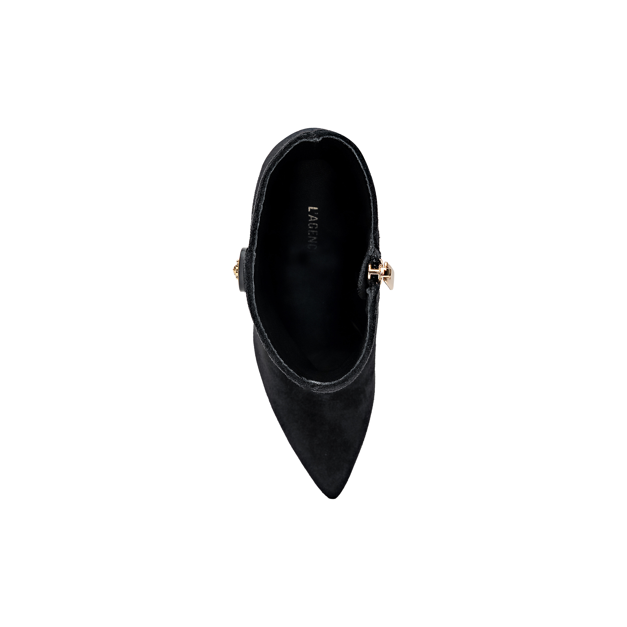 Top view of the Theodora Block-Heel Bootie in black suede, featuring a pointed toe and gold buckle detail on the side, displayed on a plain white background.