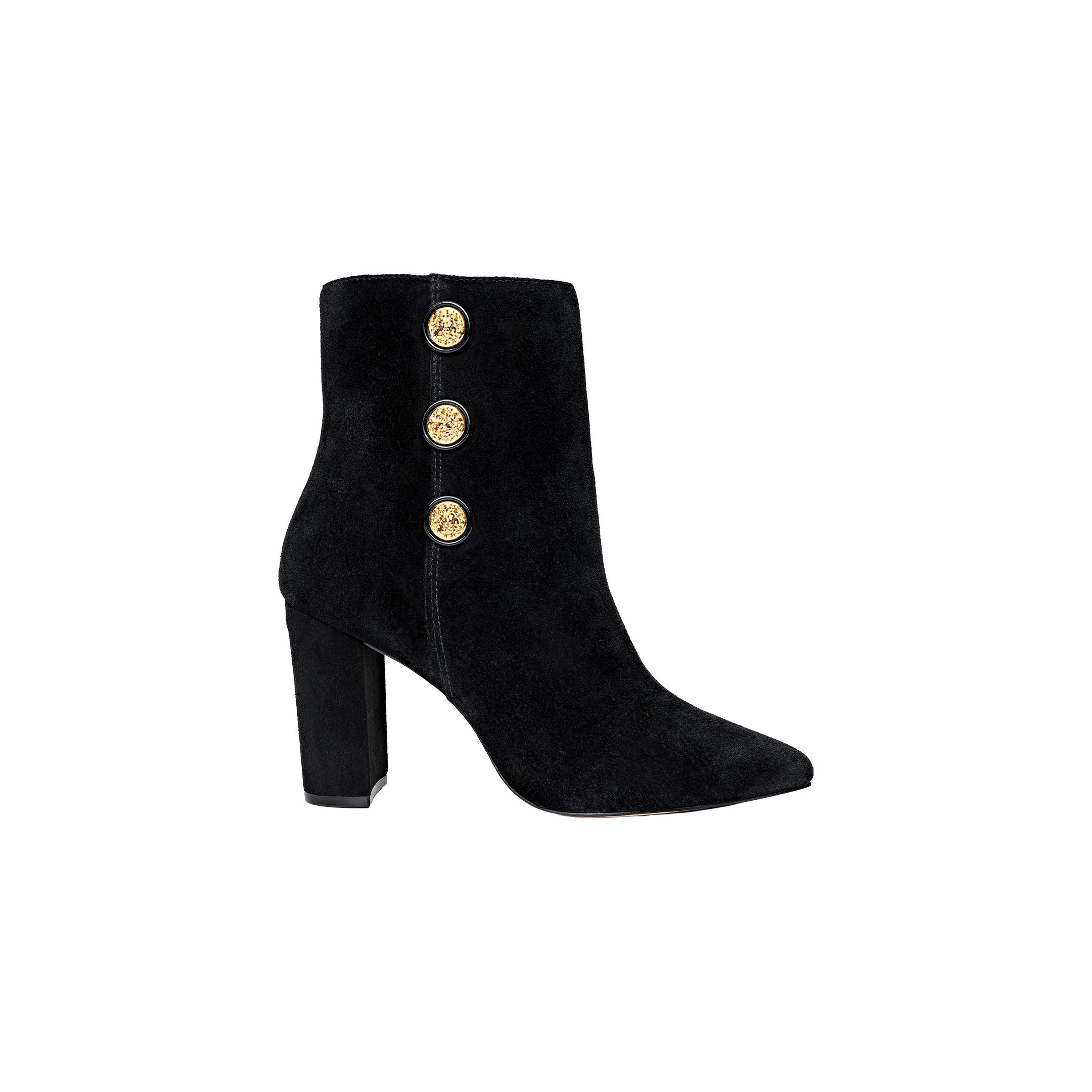 The Theodora Block-Heel Bootie features black suede construction, a pointed toe, a sturdy block heel, and three gold decorative buttons on the outer side. It is displayed against a plain light gray background.
