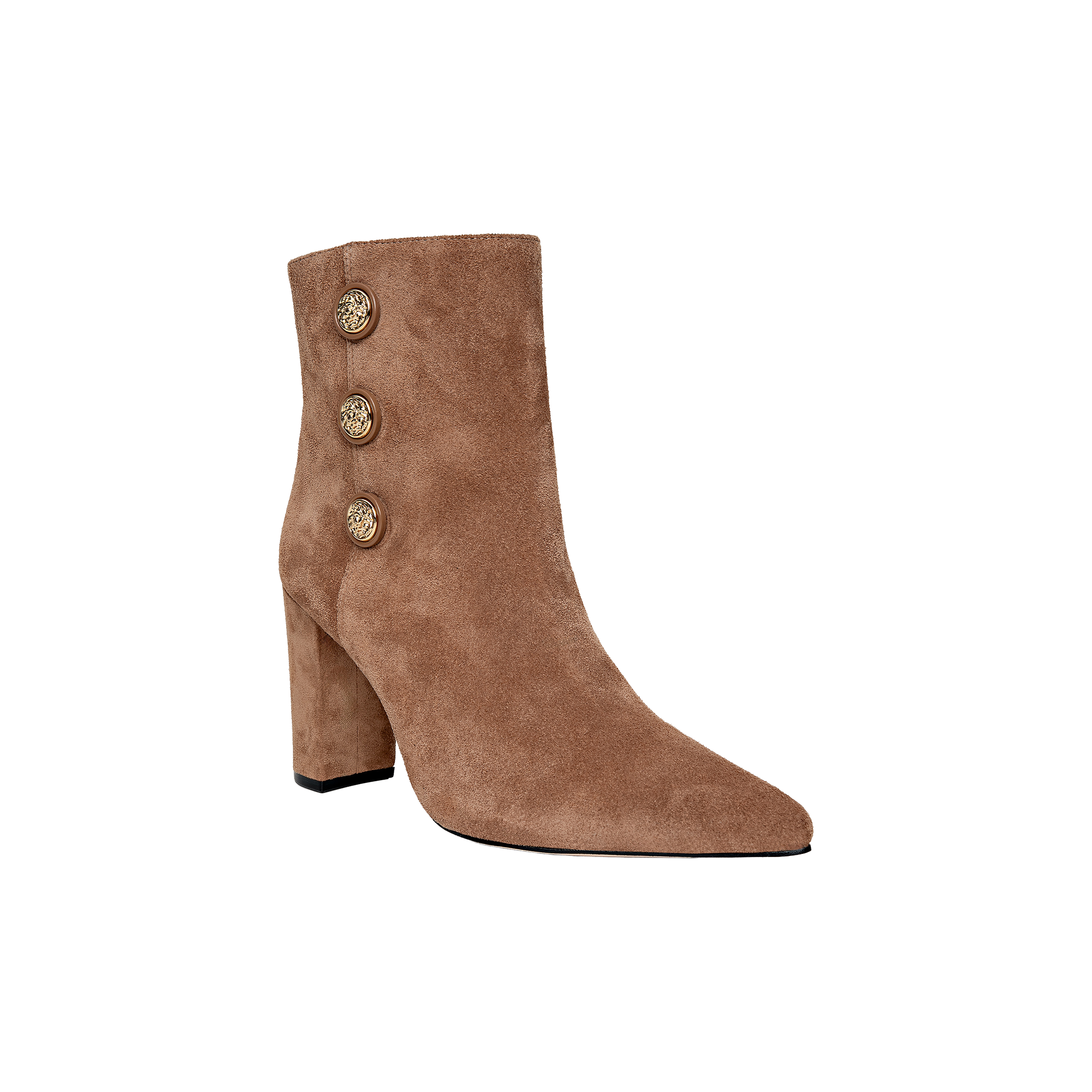 The Theodora Block-Heel Bootie is a tan suede ankle boot featuring three decorative gold buttons on the side and a classic block heel, photographed against a plain white background.