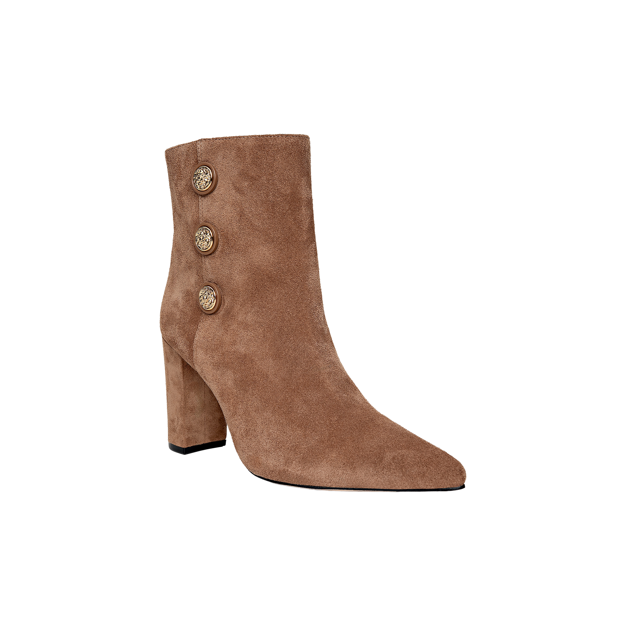 The Theodora Block-Heel Bootie is a tan suede ankle boot featuring three decorative gold buttons on the side and a classic block heel, photographed against a plain white background.