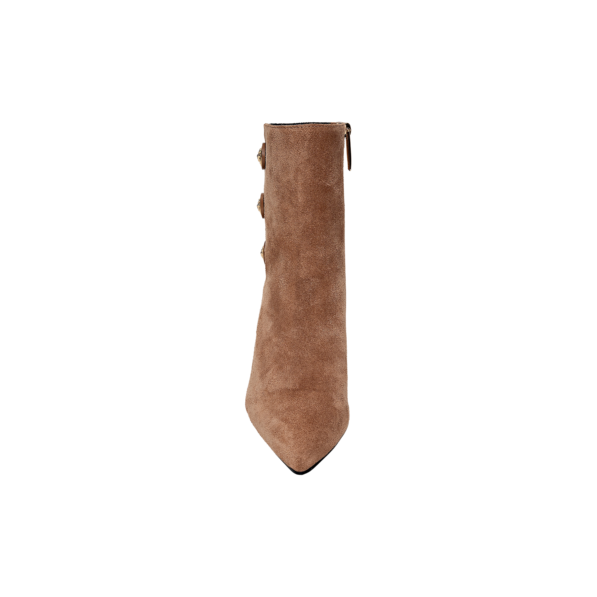 The Theodora Block-Heel Bootie, a brown suede ankle boot featuring a pointed toe and chic block heel, is displayed from the front against a plain white background.