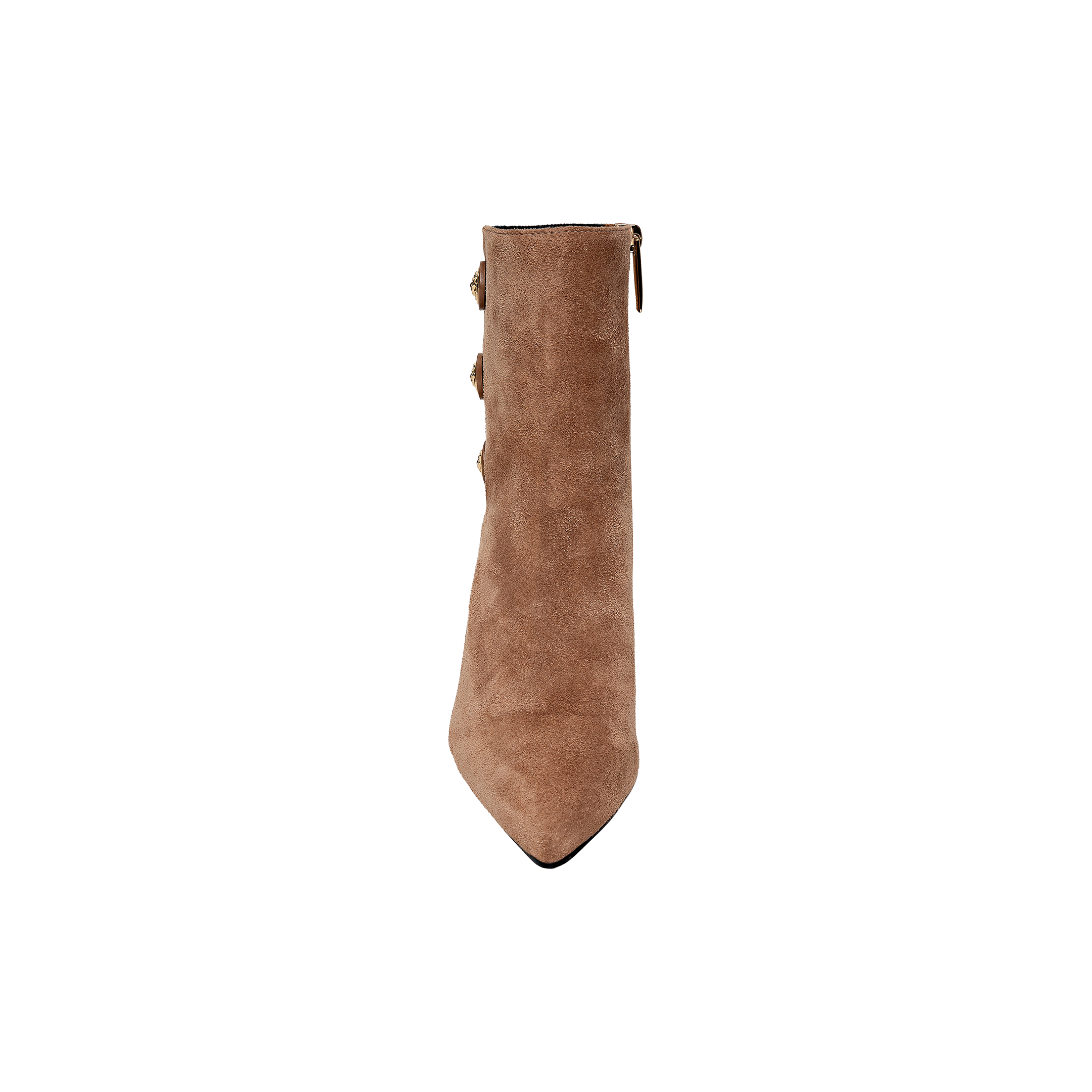 The Theodora Block-Heel Bootie, a brown suede ankle boot featuring a pointed toe and chic block heel, is displayed from the front against a plain white background.