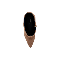 Top view of a single Theodora Block-Heel Bootie in tan suede, featuring a pointed toe, side zipper, and black interior with LE GER visible on the insole, set against a plain white background.