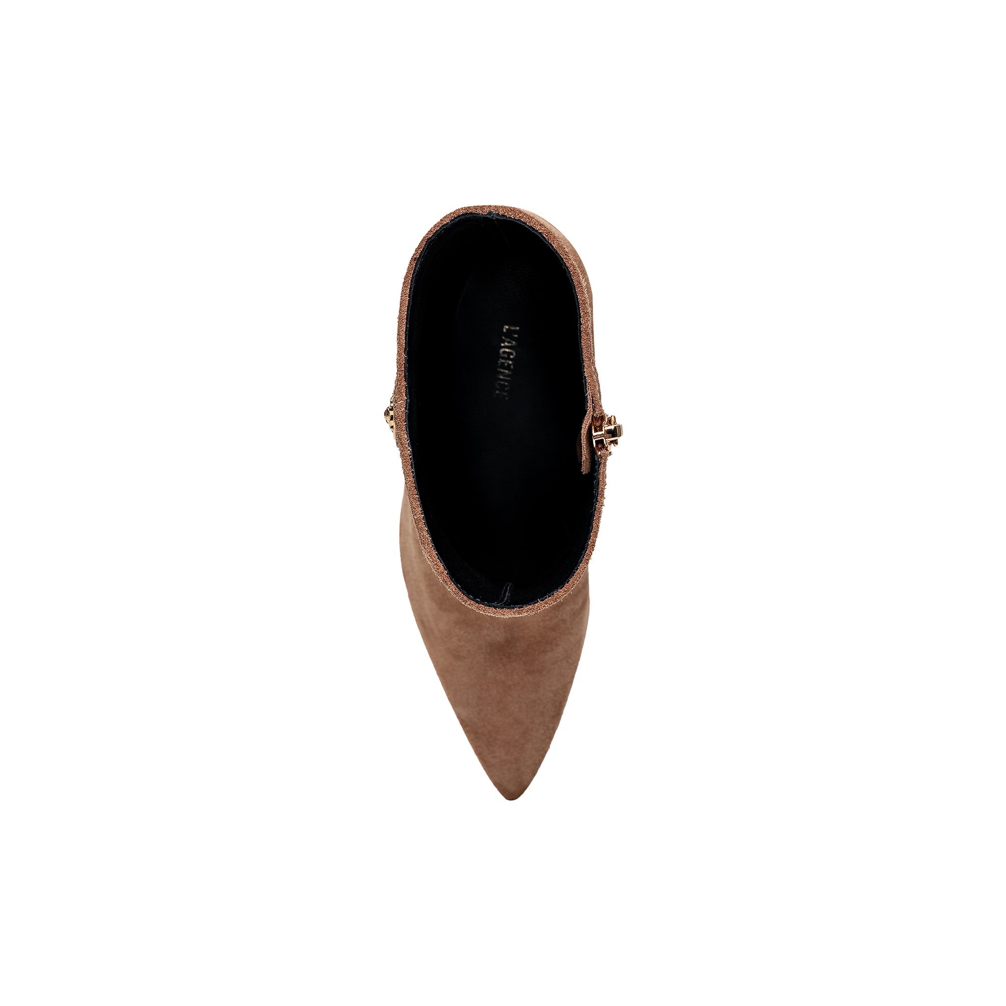 Top view of a single Theodora Block-Heel Bootie in tan suede, featuring a pointed toe, side zipper, and black interior with LE GER visible on the insole, set against a plain white background.