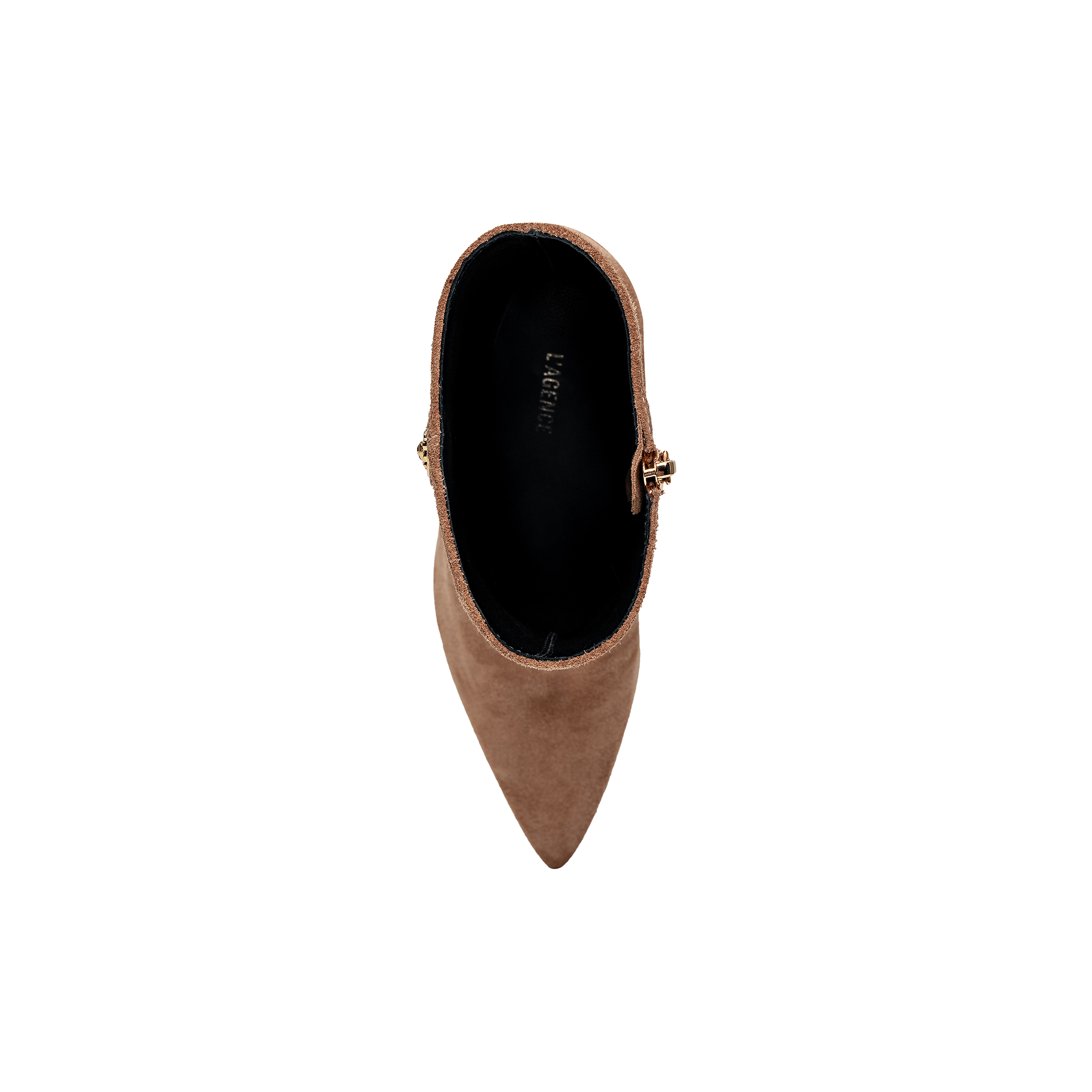 Top view of a single Theodora Block-Heel Bootie in tan suede, featuring a pointed toe, side zipper, and black interior with LE GER visible on the insole, set against a plain white background.