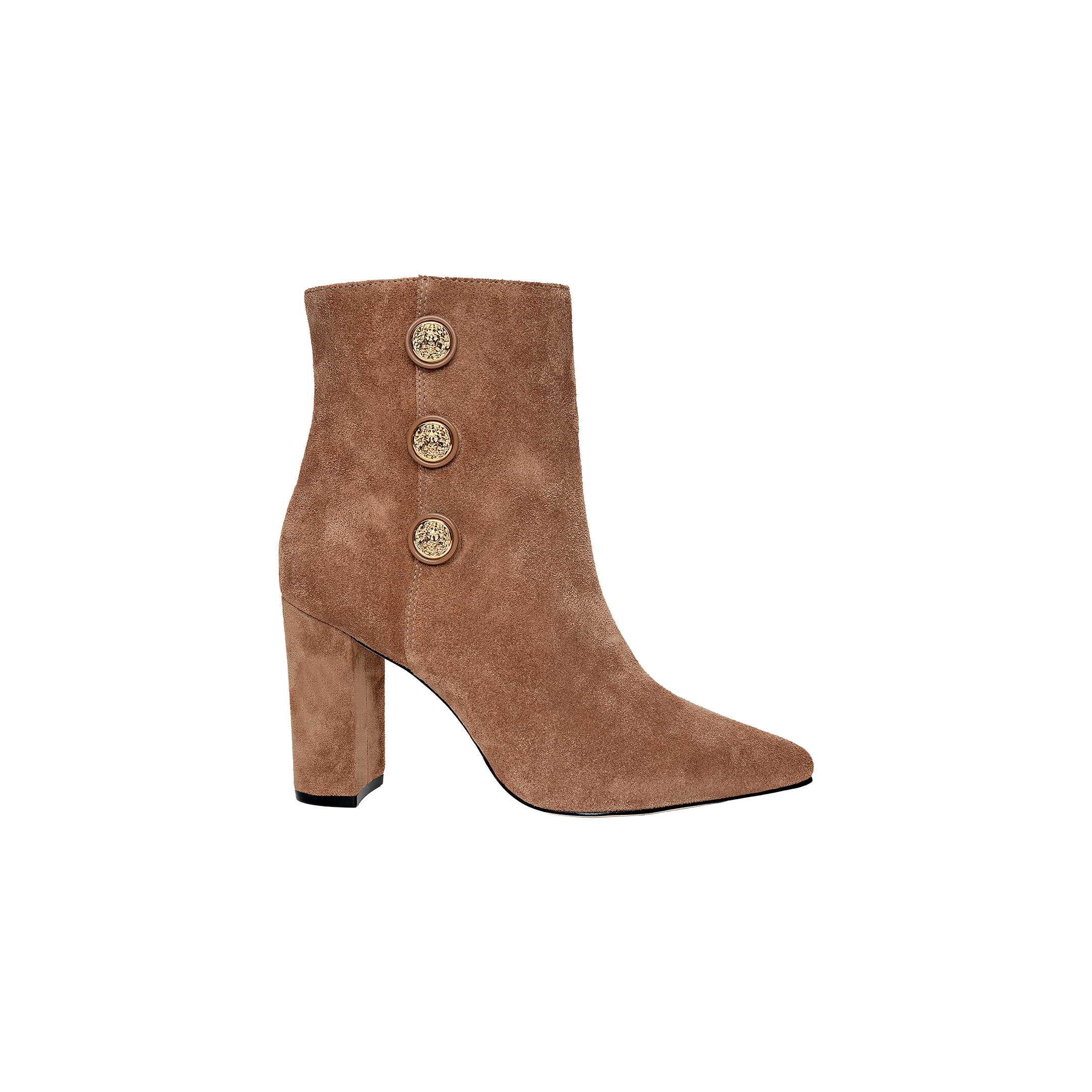 The Theodora Block-Heel Bootie is a tan suede, pointed-toe bootie featuring a high block heel and three decorative gold buttons adorning the side, elegantly showcased against a plain white background.