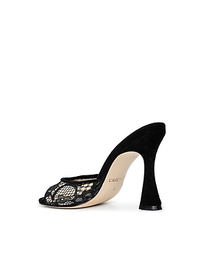The Avery Lace Open-Toe Mule is a black stiletto mule with a flared heel, semi-transparent lace upper, and open-toe design, shown in side profile against a white background.