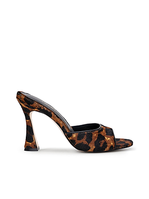 The Avery Open-Toe Mule features a sculpted stiletto with a curved heel and open toe, showcasing a bold brown and black leopard hair calf upper and wide strap for a sleek, elegant finish.