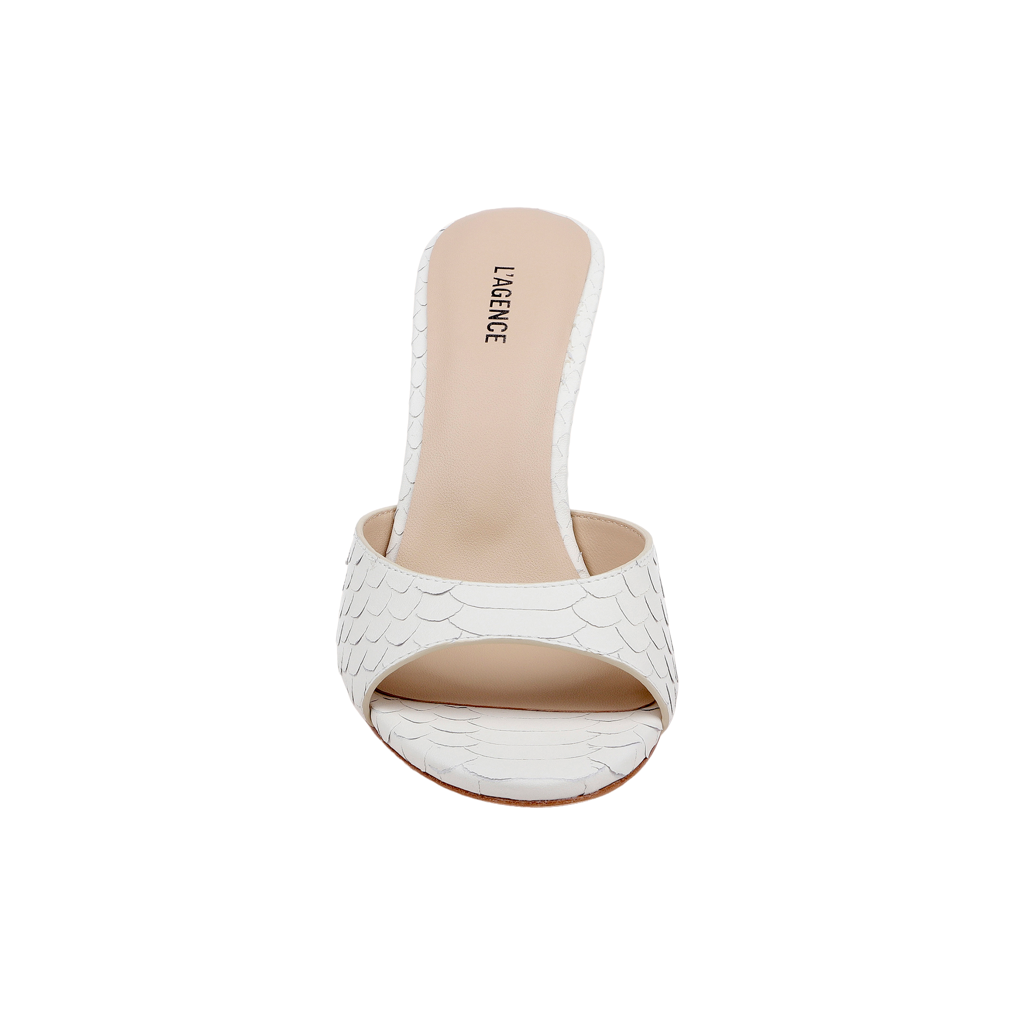 The Avery Leather Open-Toe Mule is a white sandal showcasing a scalloped scale pattern in snake-embossed leather, complemented by a beige insole and set against a plain white background.