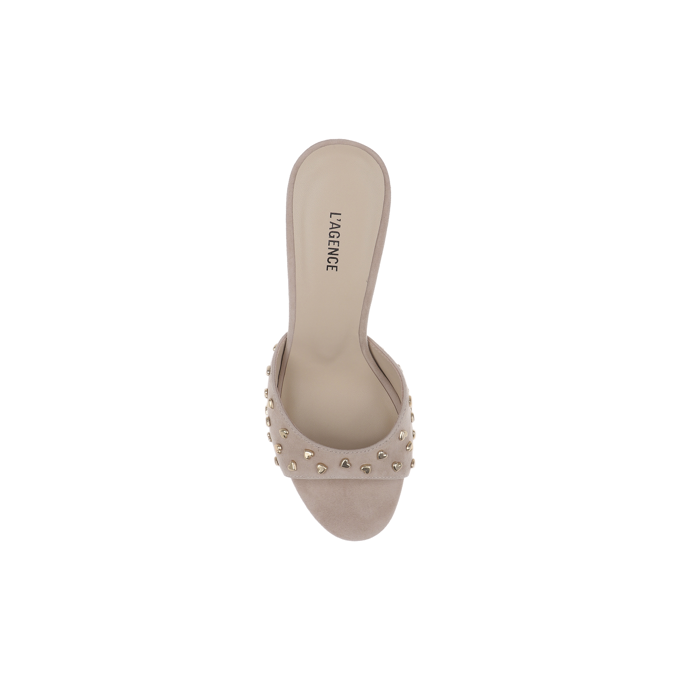 The Avery Embellished Mule is a tan suede open-toe sandal featuring a flared heel and gold studs on the strap, shown from an overhead view. The insole is marked with LAGENCE, set against a white background.