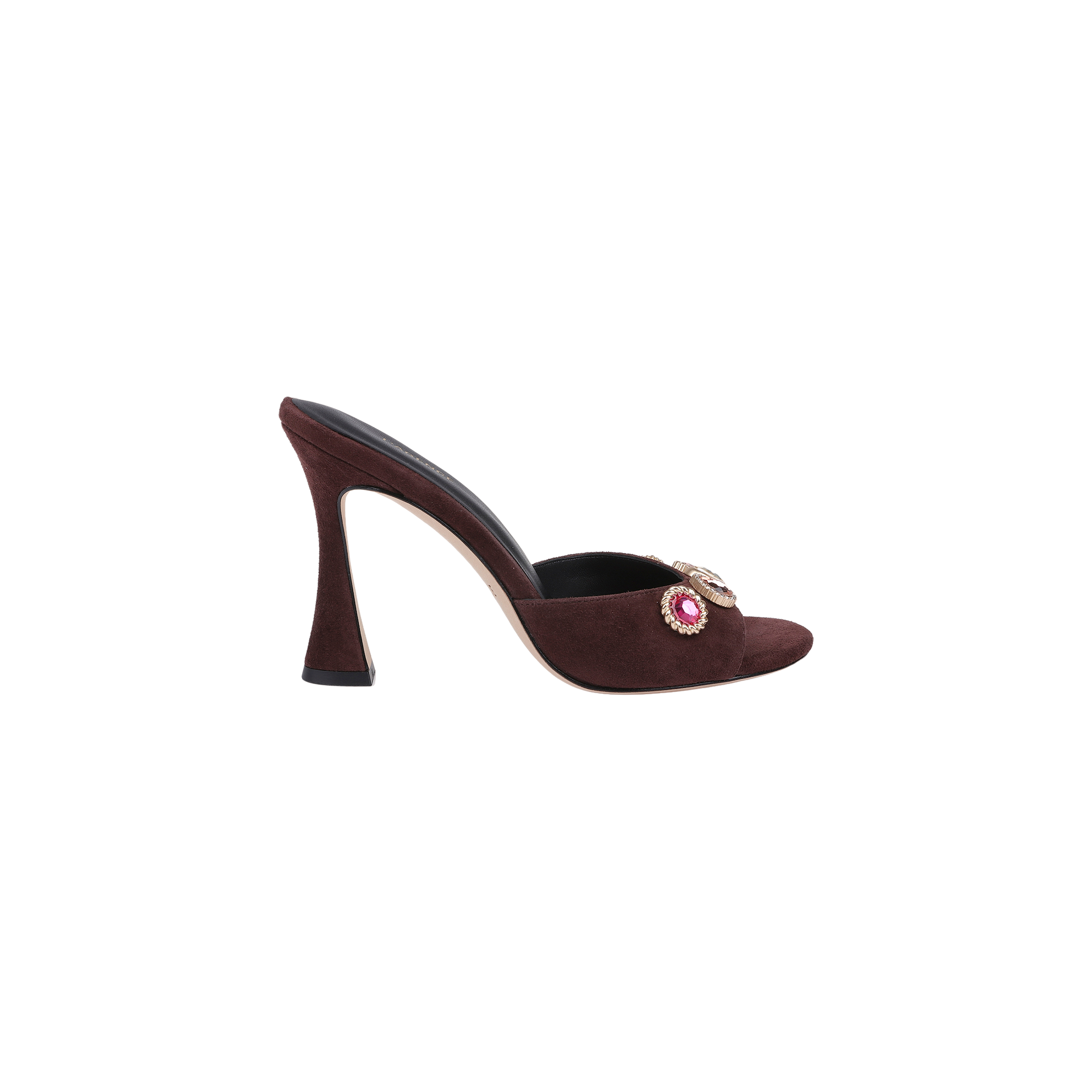 The Avery Suede Open-Toe Mule, crafted in mahogany brown suede and adorned with jeweled flower embellishments on the upper, is pictured against a plain white background.