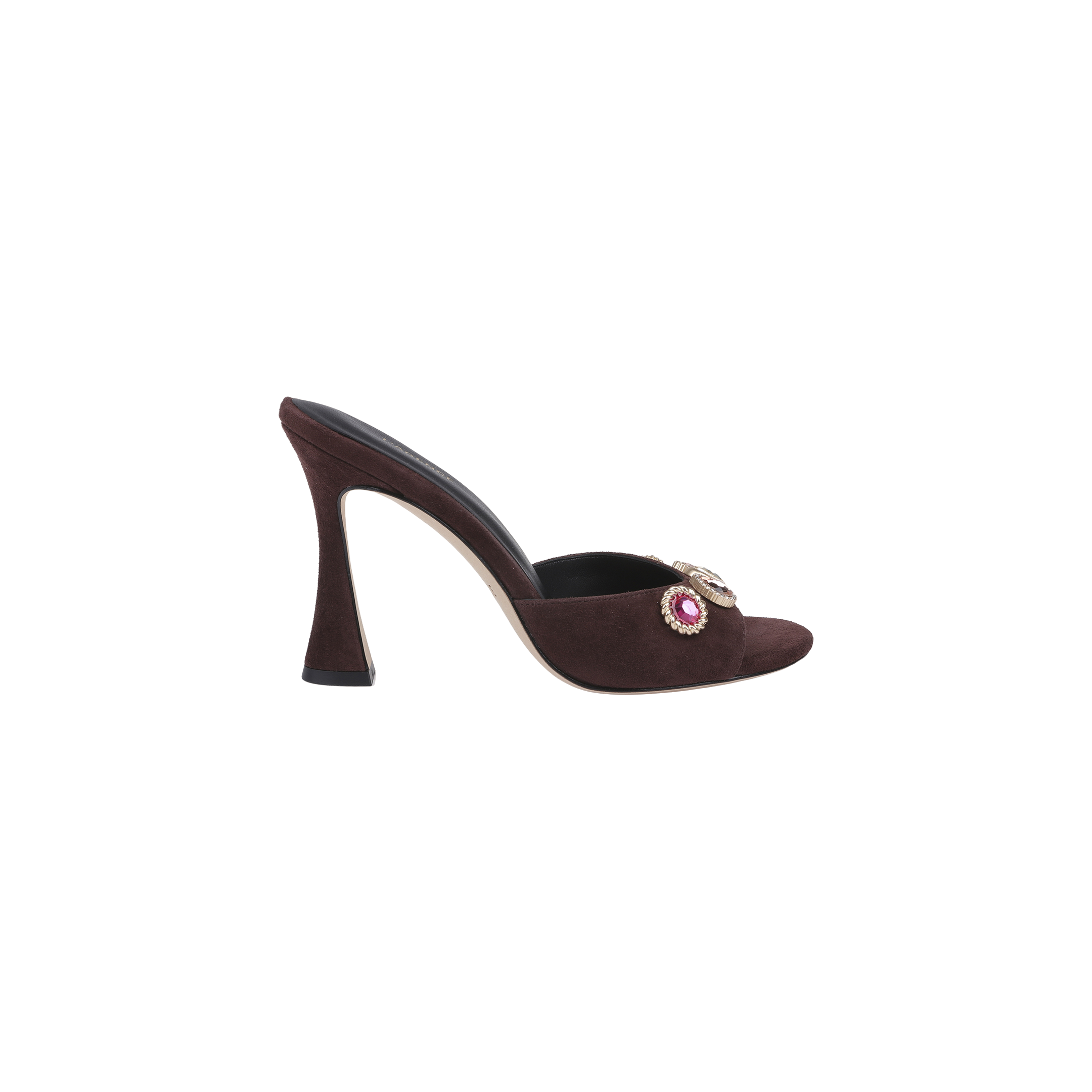 The Avery Suede Open-Toe Mule, crafted in mahogany brown suede and adorned with jeweled flower embellishments on the upper, is pictured against a plain white background.