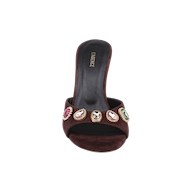 The Avery Suede Open-Toe Mule in mahogany brown features colorful gemstone embellishments on the front strap and is displayed from an overhead view against a white background.