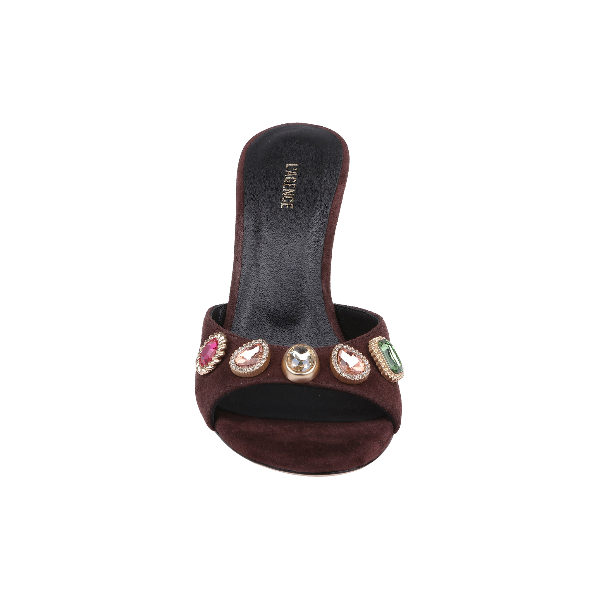 The Avery Suede Open-Toe Mule in mahogany brown features colorful gemstone embellishments on the front strap and is displayed from an overhead view against a white background.
