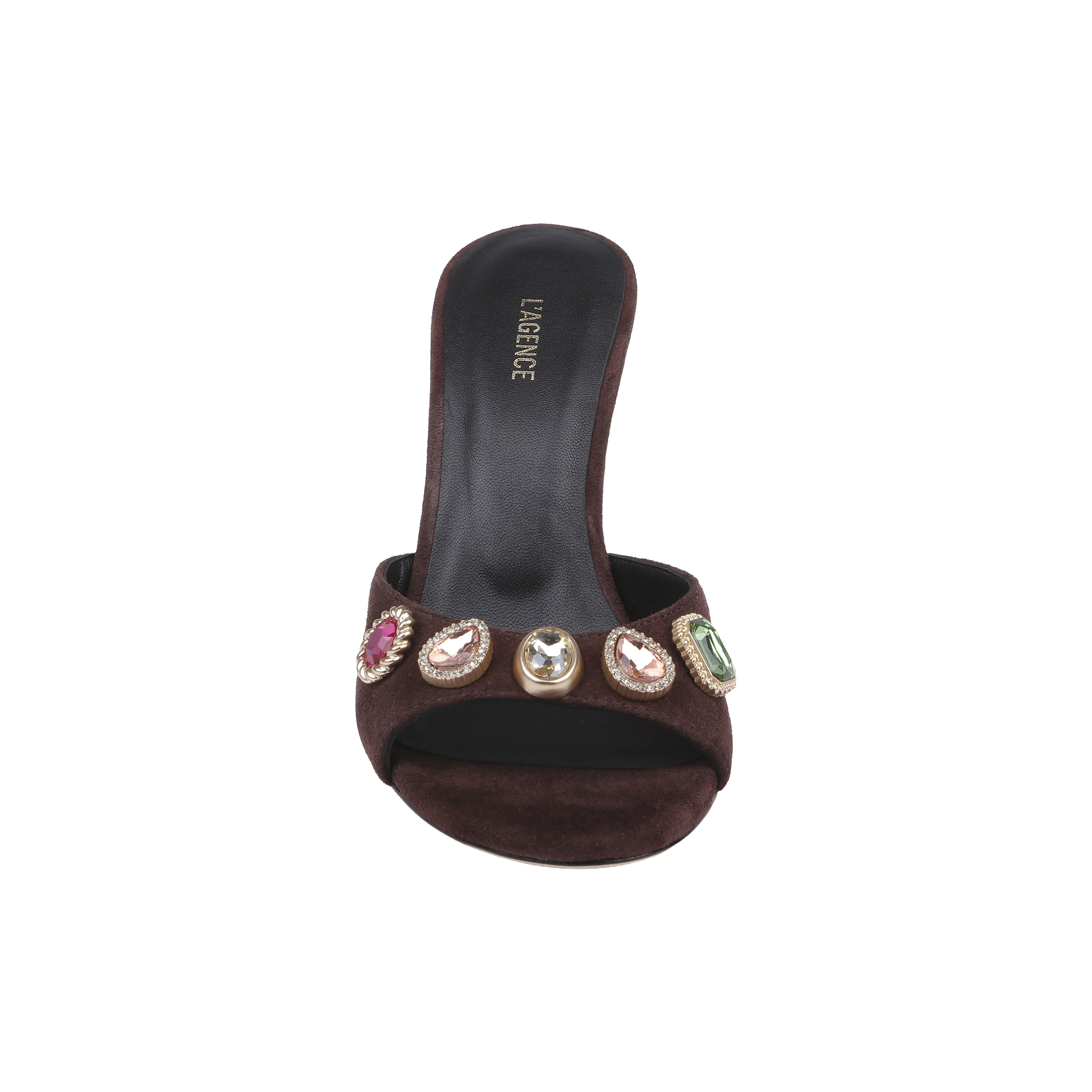 The Avery Suede Open-Toe Mule in mahogany brown features colorful gemstone embellishments on the front strap and is displayed from an overhead view against a white background.