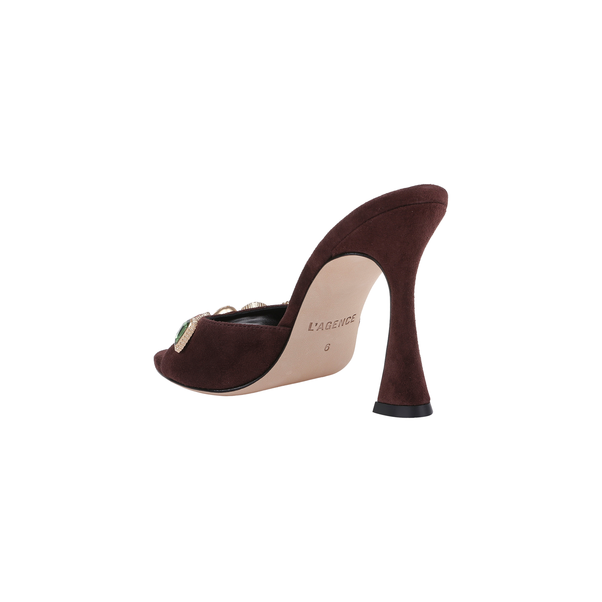 A single Avery Suede Open-Toe Mule in mahogany brown, featuring a curved high heel and open toe, is shown from a back side angle with the LAGENCE logo visible on the light-colored sole.