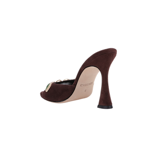 A single Avery Suede Open-Toe Mule in mahogany brown suede, featuring a high curved heel and sole with the LAGENCE label, is shown from the back-right angle against a white background.