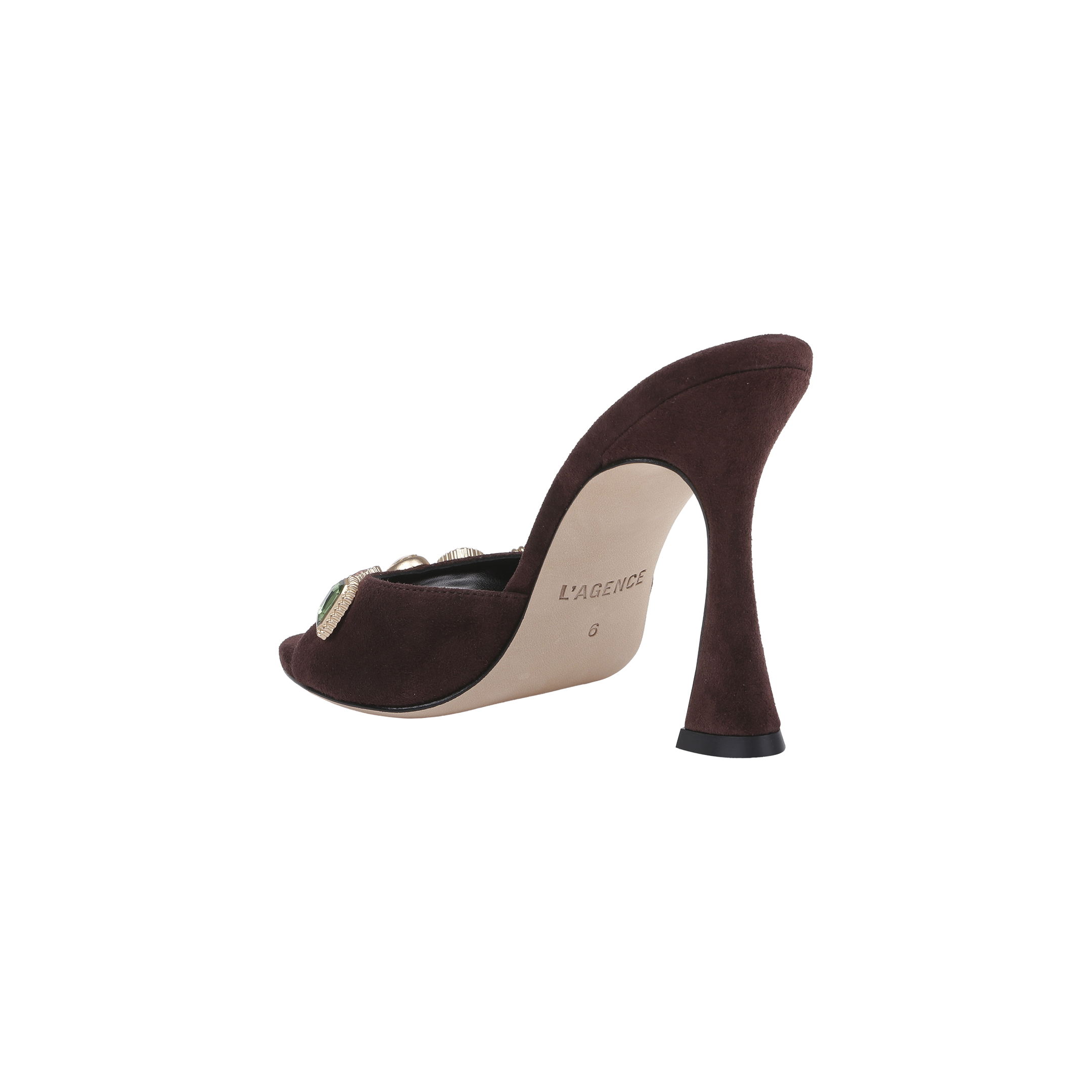 A single Avery Suede Open-Toe Mule in mahogany brown, featuring a curved high heel and open toe, is shown from a back side angle with the LAGENCE logo visible on the light-colored sole.