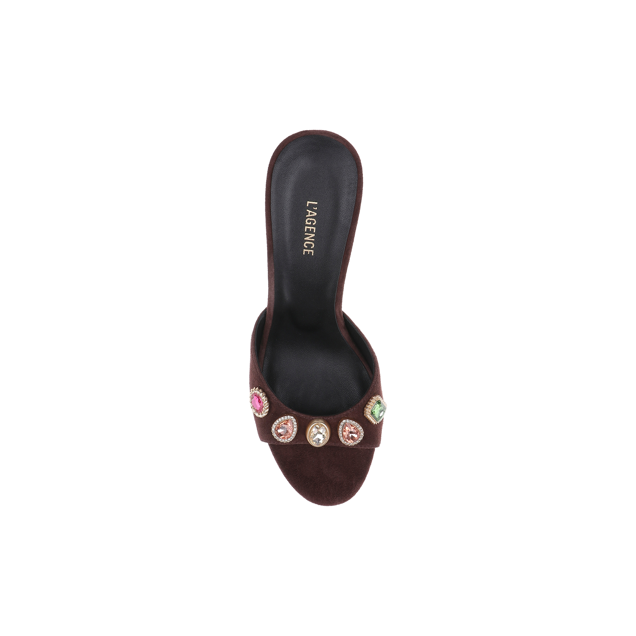 The Avery Suede Open-Toe Mule is a mahogany brown sandal crafted from suede, featuring an open toe, a black insole labeled LAGENCE, and colorful jeweled embellishments on the front strap, displayed against a white background.