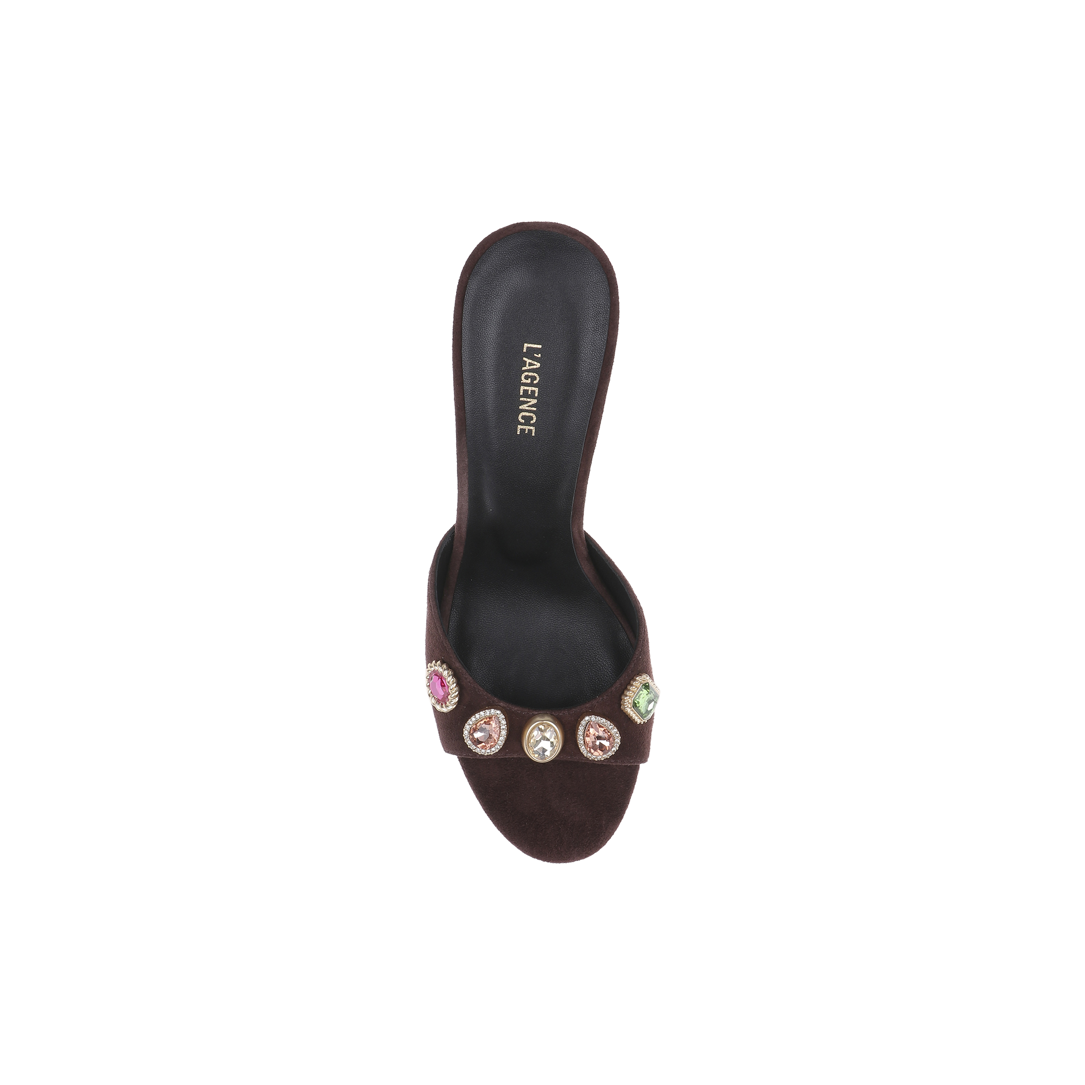 The Avery Suede Open-Toe Mule is a mahogany brown sandal crafted from suede, featuring an open toe, a black insole labeled LAGENCE, and colorful jeweled embellishments on the front strap, displayed against a white background.