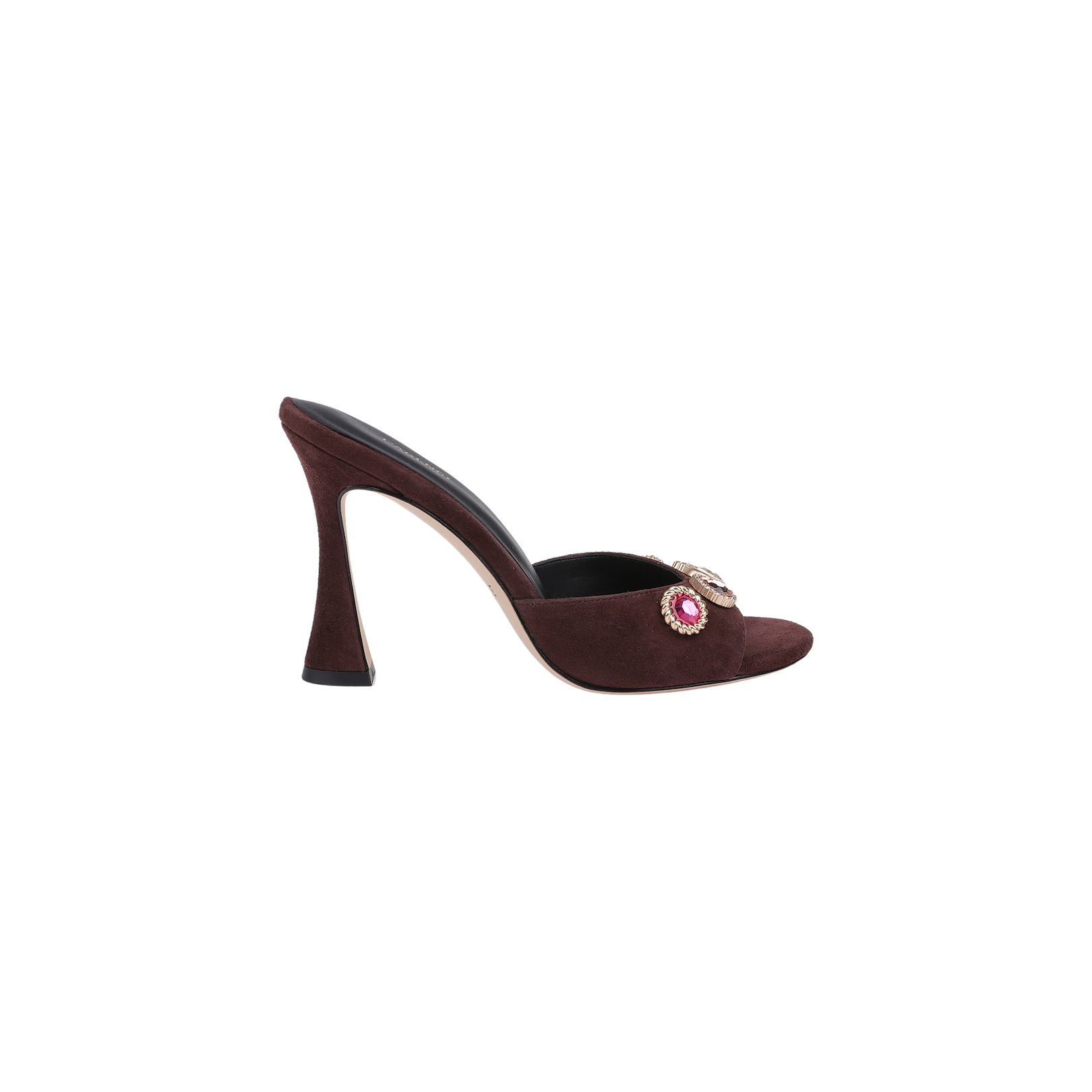 Introducing the Avery Suede Open-Toe Mule – a sophisticated sandal crafted from rich mahogany brown suede, featuring a curved high heel and an upper strap embellished with decorative pink and white jewels.