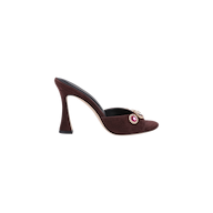 The Avery Suede Open-Toe Mule in mahogany brown features two decorative jeweled embellishments on the upper strap and is displayed against a white background.