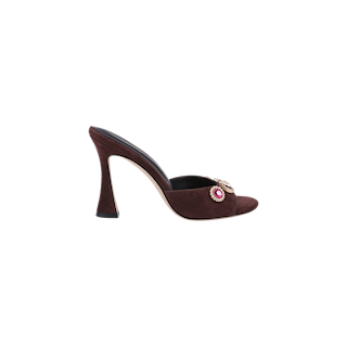 Introducing the Avery Suede Open-Toe Mule – a sophisticated sandal crafted from rich mahogany brown suede, featuring a curved high heel and an upper strap embellished with decorative pink and white jewels.