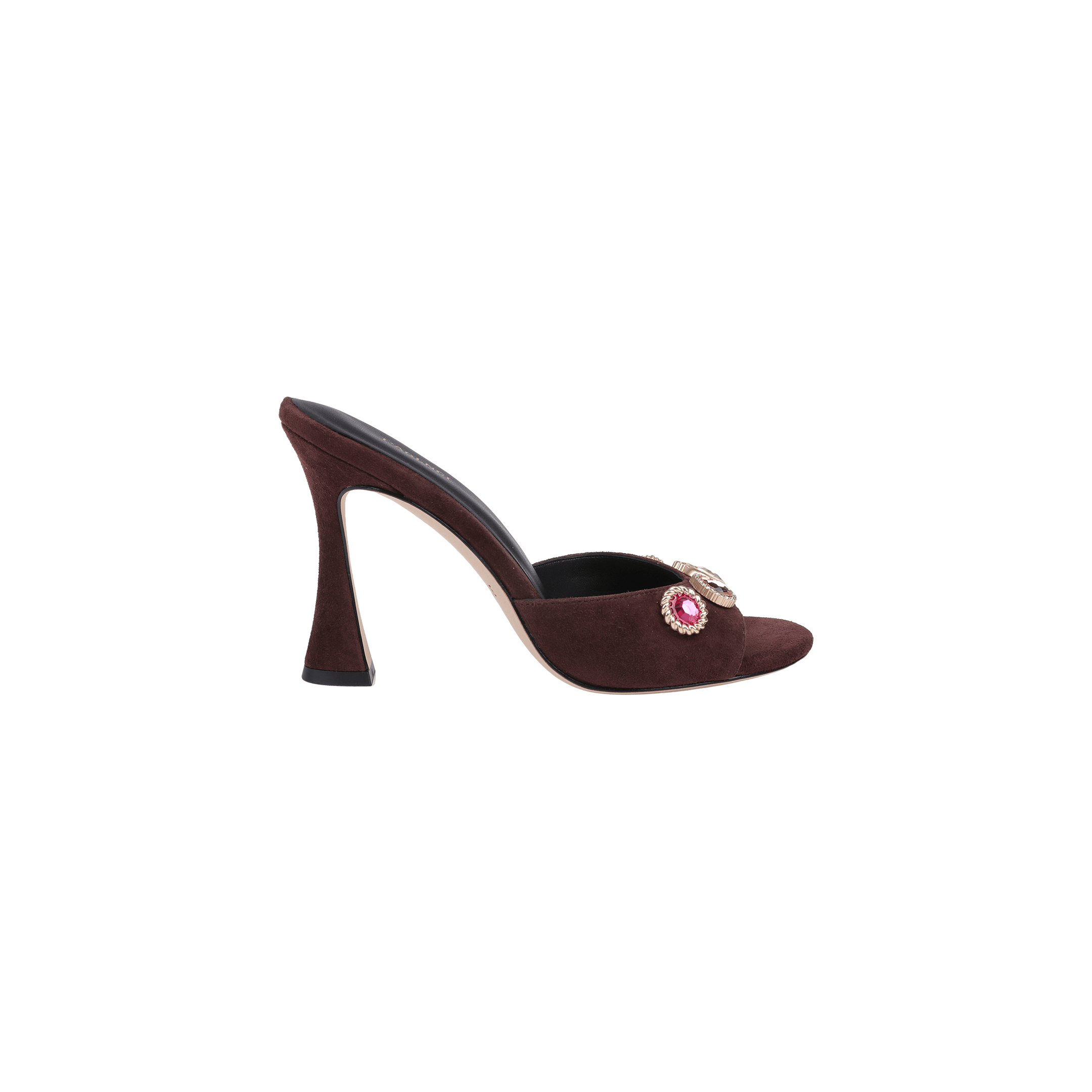The Avery Suede Open-Toe Mule in mahogany brown features two decorative jeweled embellishments on the upper strap and is displayed against a white background.