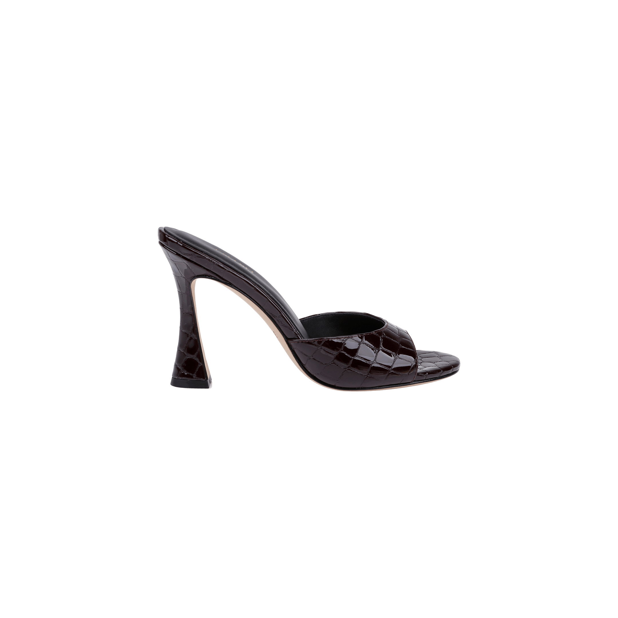 The Avery Leather Open-Toe Mule features burgundy crocodile-embossed leather, a high sculpted stiletto heel, an open toe, and a wide front strap. It is photographed against a plain white background.