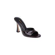 A single black Avery Leather Open-Toe Mule, showcasing a sculpted stiletto mule design with a croc-embossed leather pattern and the SAINT LAURENT logo on the insole, displayed on a white background.