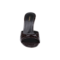 An overhead view of the Avery Leather Open-Toe Mule showcases a single burgundy crocodile-embossed leather stiletto mule sandal with an open toe and the LARENSCE brand name printed on the insole, set against a white background.