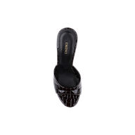 The Avery Leather Open-Toe Mule is a black sandal with a crocodile texture, featuring an open-toe and sculpted stiletto mule silhouette, with LAGENCE printed in gold on the insole; it is shown against a plain white background.
