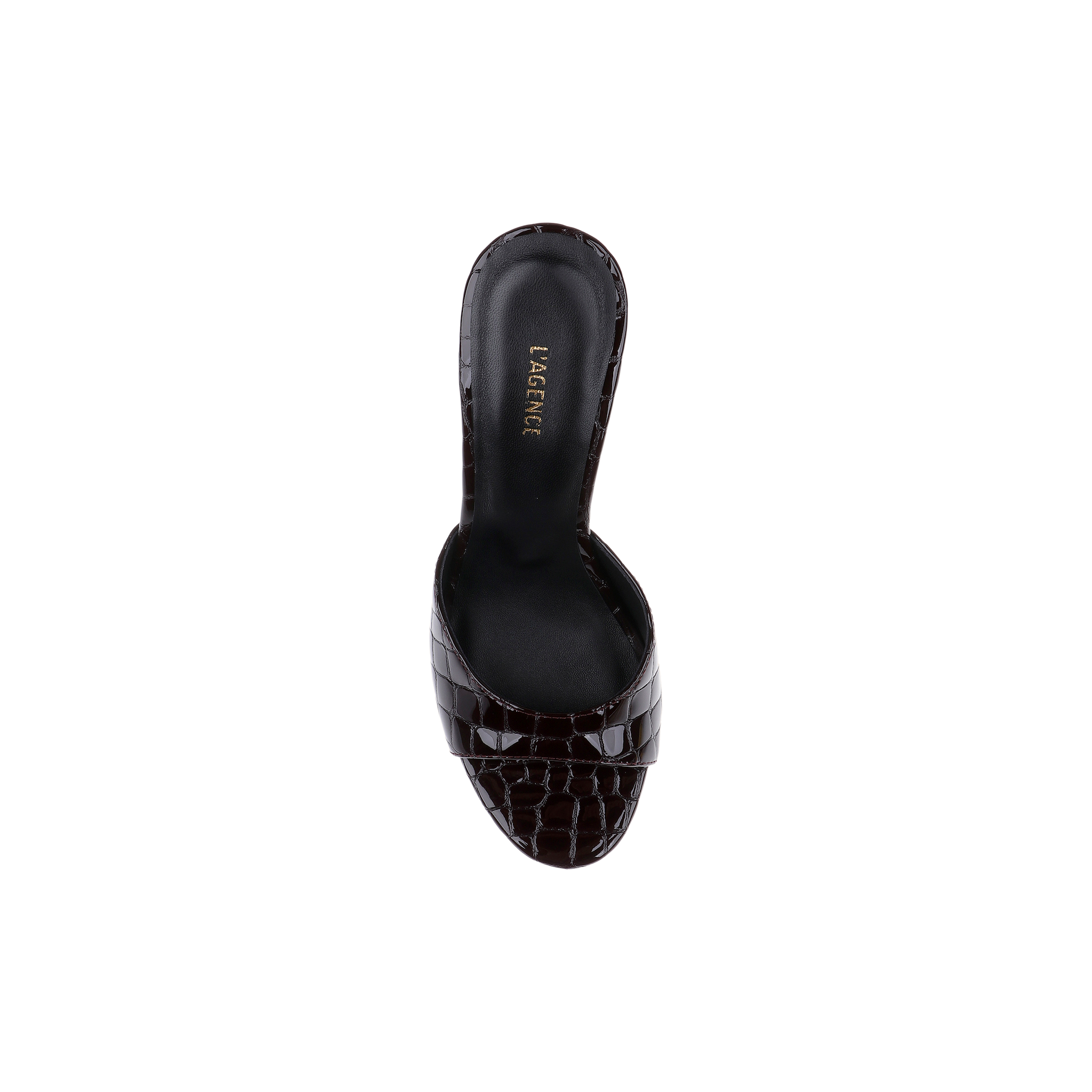 The Avery Leather Open-Toe Mule is a black sandal with a crocodile texture, featuring an open-toe and sculpted stiletto mule silhouette, with LAGENCE printed in gold on the insole; it is shown against a plain white background.