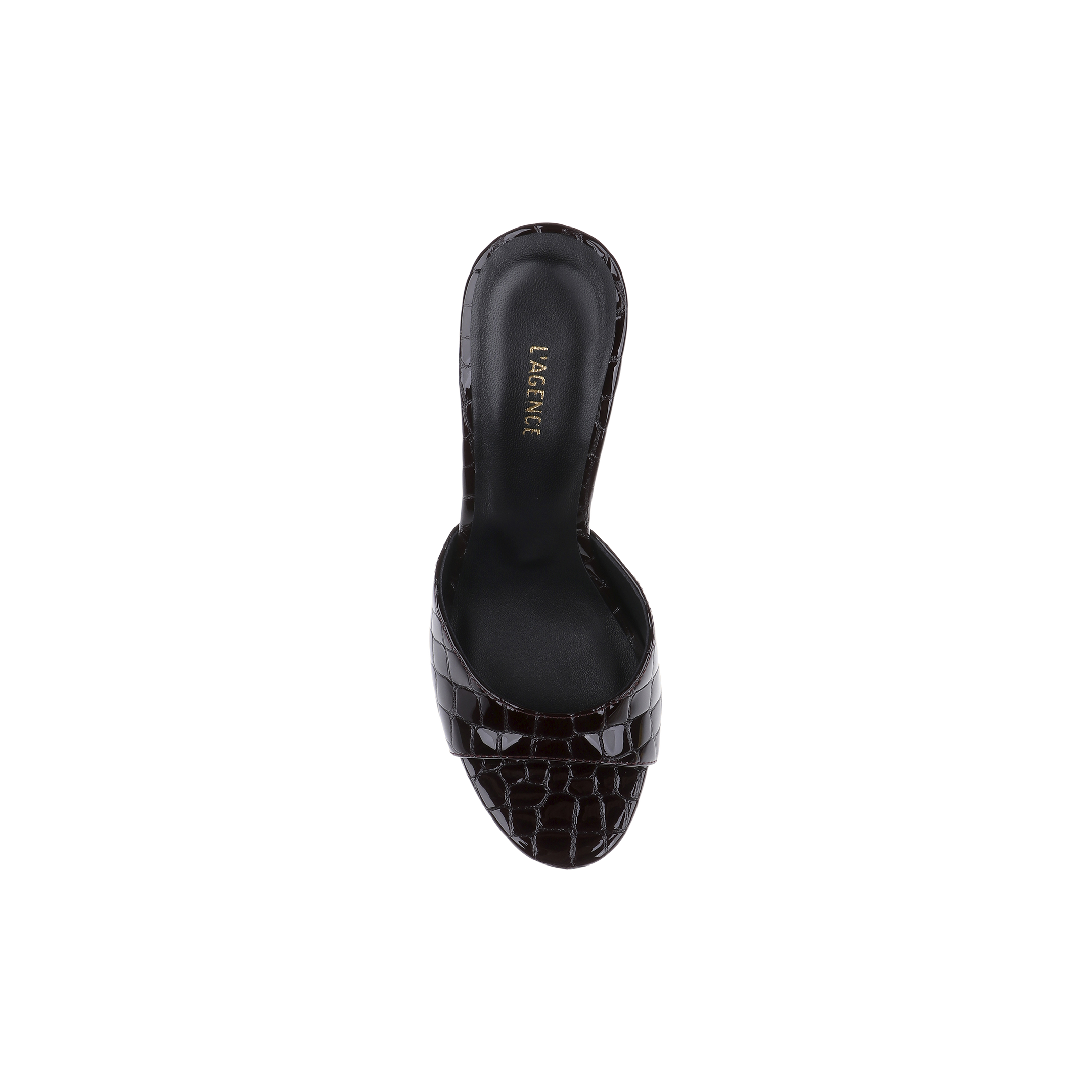 The Avery Leather Open-Toe Mule is a black sandal with a crocodile texture, featuring an open-toe and sculpted stiletto mule silhouette, with LAGENCE printed in gold on the insole; it is shown against a plain white background.
