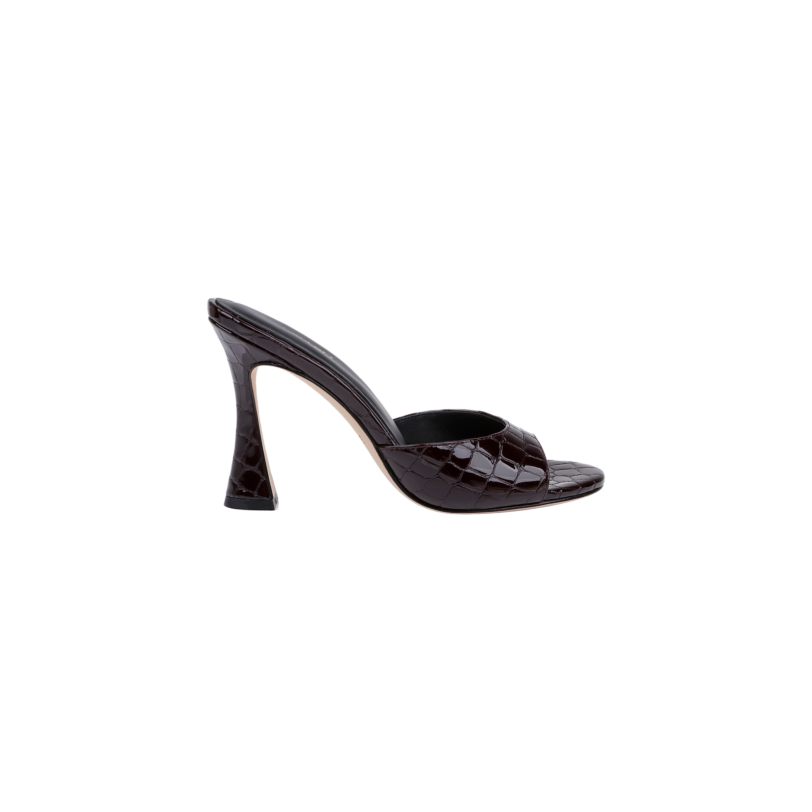 The Avery Leather Open-Toe Mule is a black, sculpted stiletto mule made from crocodile-embossed leather, highlighted against a plain white background.