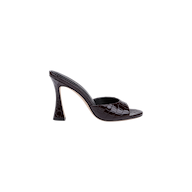 The Avery Leather Open-Toe Mule is a black, sculpted stiletto mule sandal featuring a textured, crocodile-like pattern, an open toe, and a wide strap across the front. It is displayed on a plain white background.