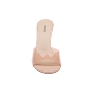 The Avery Open-Toe Mule is a light nude, sculpted stiletto mule featuring an open-toe design, a clear vamp strap, and L’AGENCE branding on the insole, shown from above against a white background.