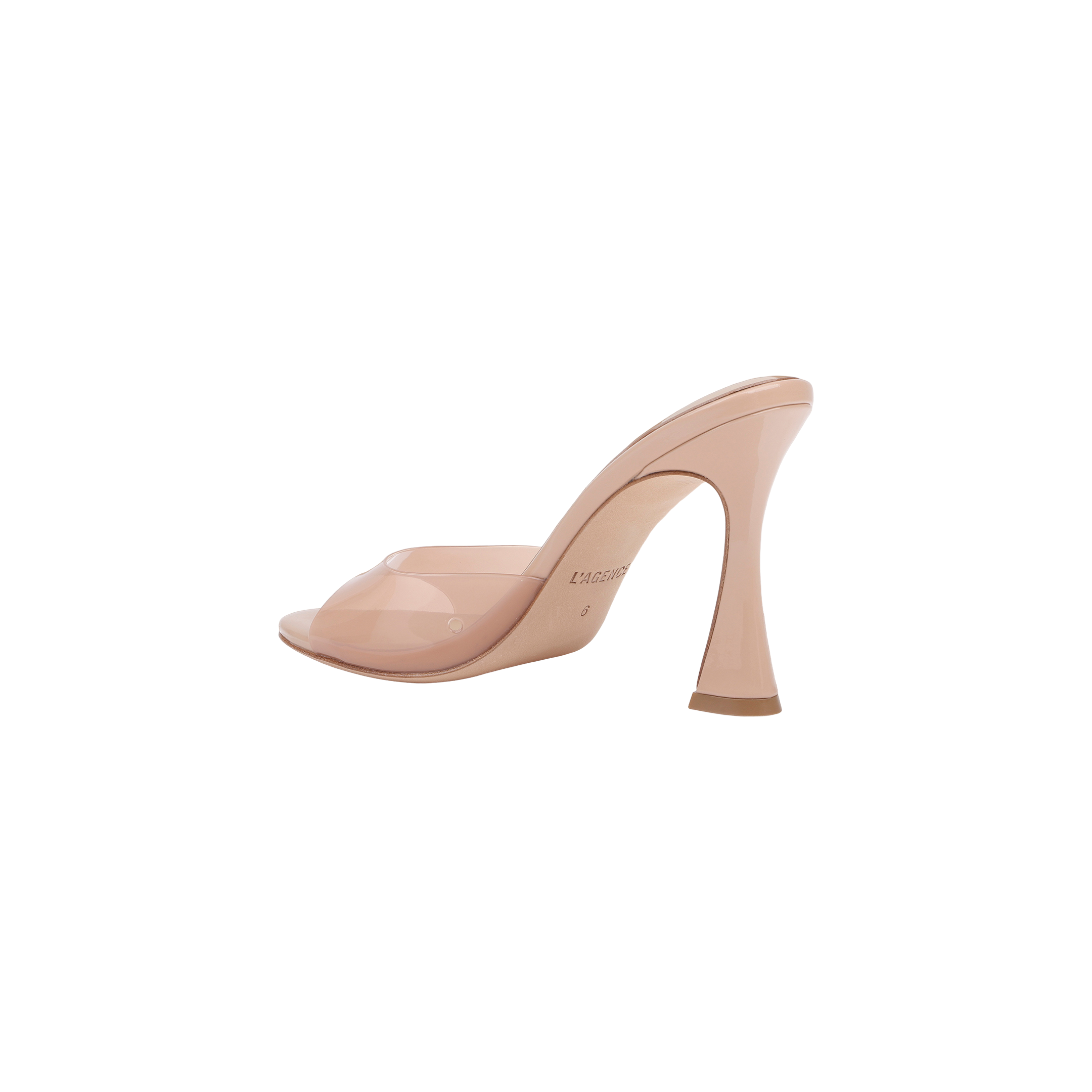 The Avery Open-Toe Mule is a light nude, sculpted stiletto mule featuring a clear vamp and a flared stiletto heel, displayed on a white background.