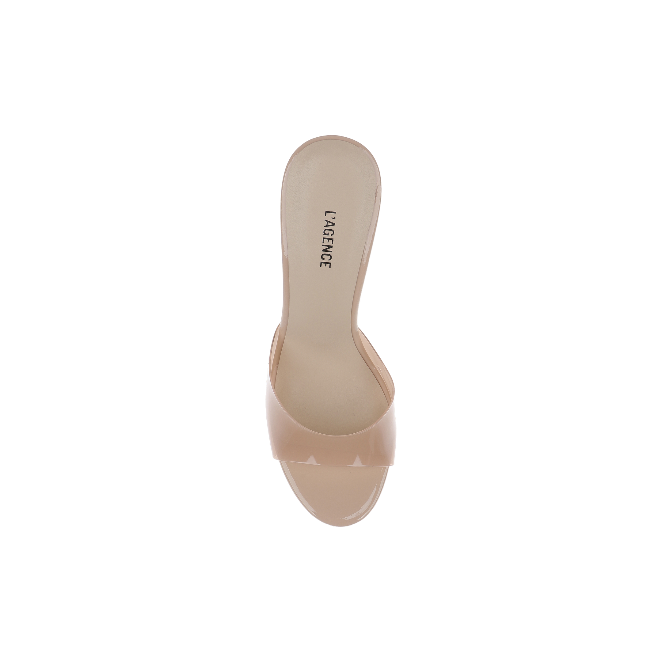 The Avery Open-Toe Mule is a light nude sculpted stiletto with an open toe and a clear vamp strap, featuring LAGENCE printed on the insole, displayed against a plain white background.
