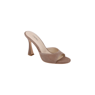Introducing the Avery Suede Open-Toe Mule: an elegant taupe mule featuring a suede finish, square open toe, sculpted high heel, and a branded LINTERVALLE insole. Designed for both comfort and sophistication, this stylish shoe is perfect for any occasion.