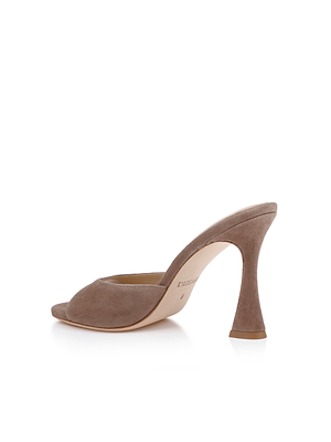 The Avery Suede Open-Toe Mule is a tan suede shoe with a sculpted heel, open toe, light beige sole, and memory foam insole for comfort, shown against a white background.