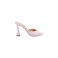 The Avery Leather Open-Toe Mule is shown from the side on a white background, featuring a single pastel lilac design with an open toe and a sculpted stiletto heel.