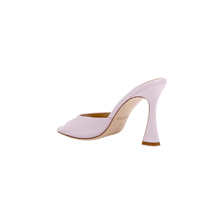 Avery Leather Open-Toe Mule in light pink, designed with a sculpted stiletto heel and open toe, featuring a comfortable memory foam insole, displayed against a white background.