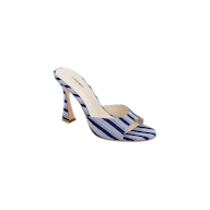 The Avery Open-Toe Mule is a blue striped denim high-heeled shoe featuring an open-toe design and a beige insole, displayed against a plain white background.