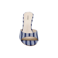 Introducing the Avery Open-Toe Mule: a blue striped denim heeled sandal featuring a flared heel, single wide strap, and beige insole stamped with the LAGENCE brand name. This modern mule boasts an elegant open-toe design for contemporary style.