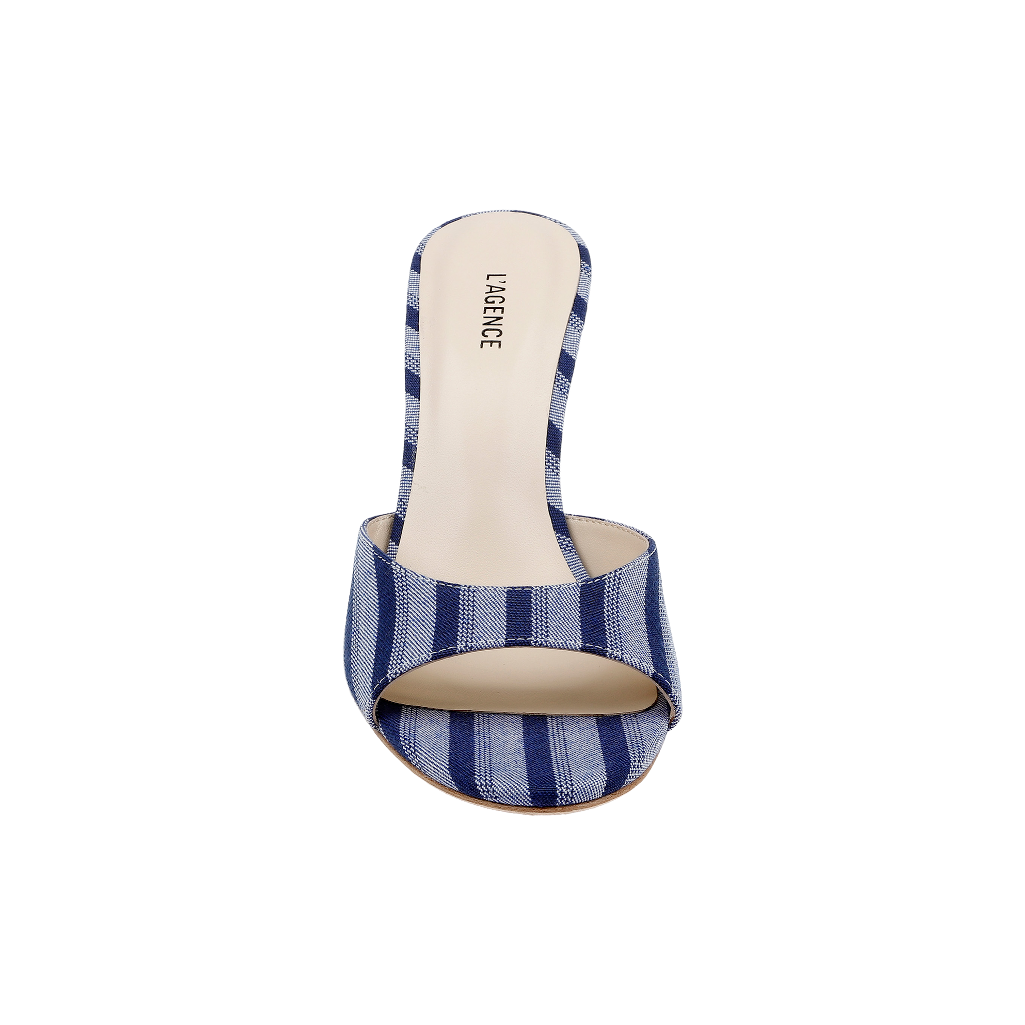 Introducing the Avery Open-Toe Mule: a blue striped denim heeled sandal featuring a flared heel, single wide strap, and beige insole stamped with the LAGENCE brand name. This modern mule boasts an elegant open-toe design for contemporary style.