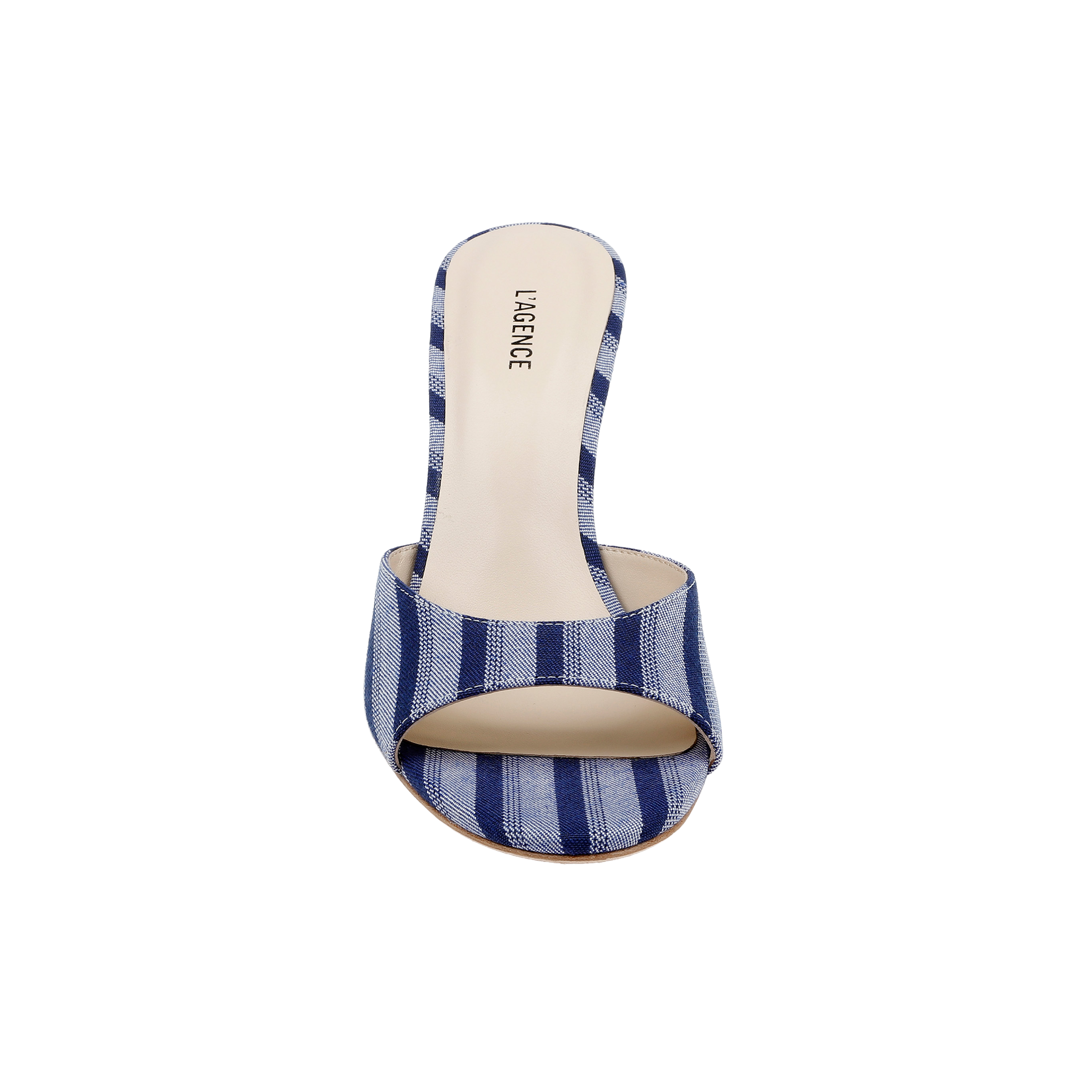 Introducing the Avery Open-Toe Mule: a blue striped denim heeled sandal featuring a flared heel, single wide strap, and beige insole stamped with the LAGENCE brand name. This modern mule boasts an elegant open-toe design for contemporary style.