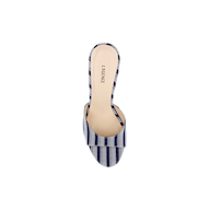 The Avery Open-Toe Mule is a single flared heel sandal with an open-toe design, showcasing blue striped denim and the LAGENCE brand name printed on the insole, viewed from above on a white background.