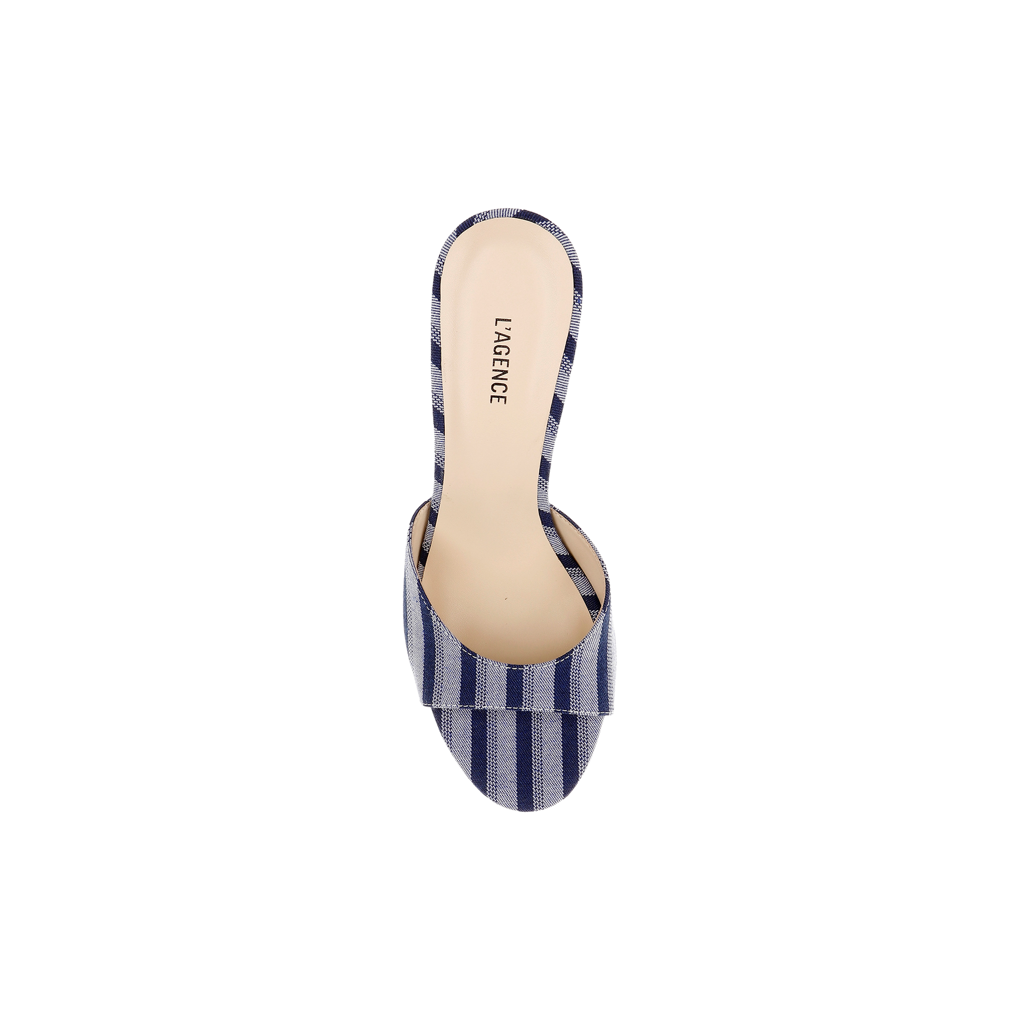 The Avery Open-Toe Mule is a single flared heel sandal with an open-toe design, showcasing blue striped denim and the LAGENCE brand name printed on the insole, viewed from above on a white background.